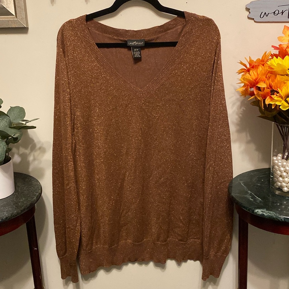 Lane Bryant Sweater w/V-Neck, LS in Sz 26/28. Rich Copper Gold Metallic Color.
